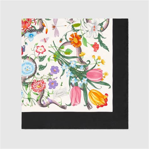 Gucci Gg Flora Snake Silk Scarf in White 